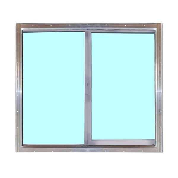 A sliding glass window with a stainless steel frame on a white background.