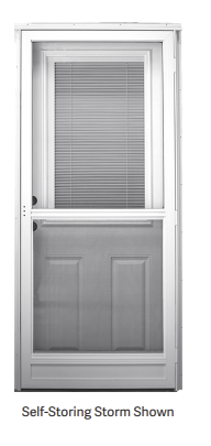 A picture of a screen door with blinds on it.