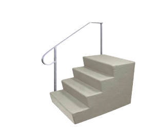 A set of stairs with a metal railing on a white background