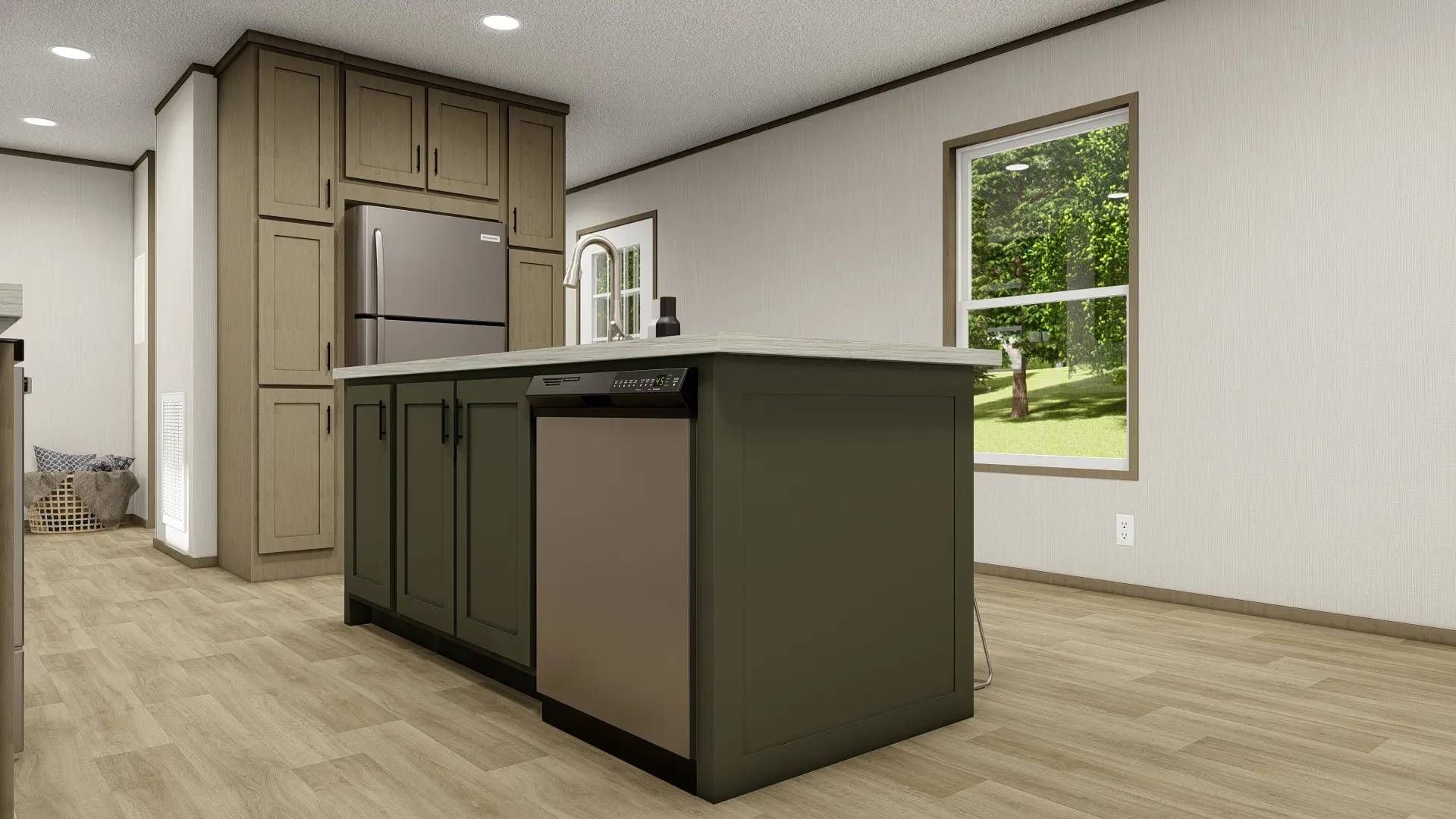 A kitchen with a large island in the middle of the room.