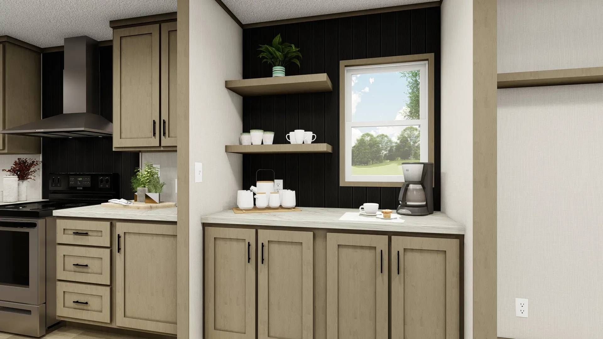 A kitchen with wooden cabinets , stainless steel appliances , and a window.