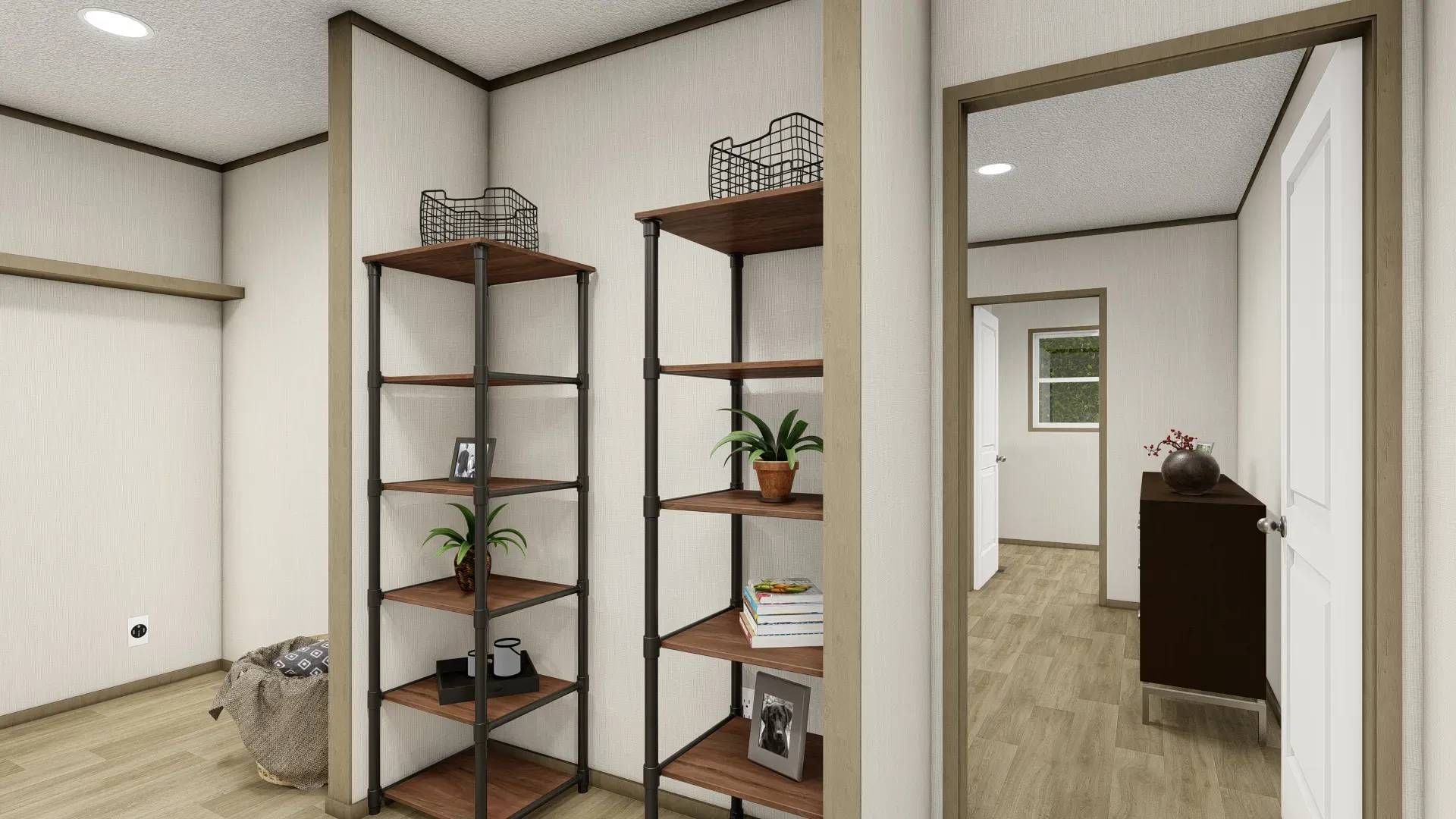 A rendering of a bedroom with a closet and shelves.