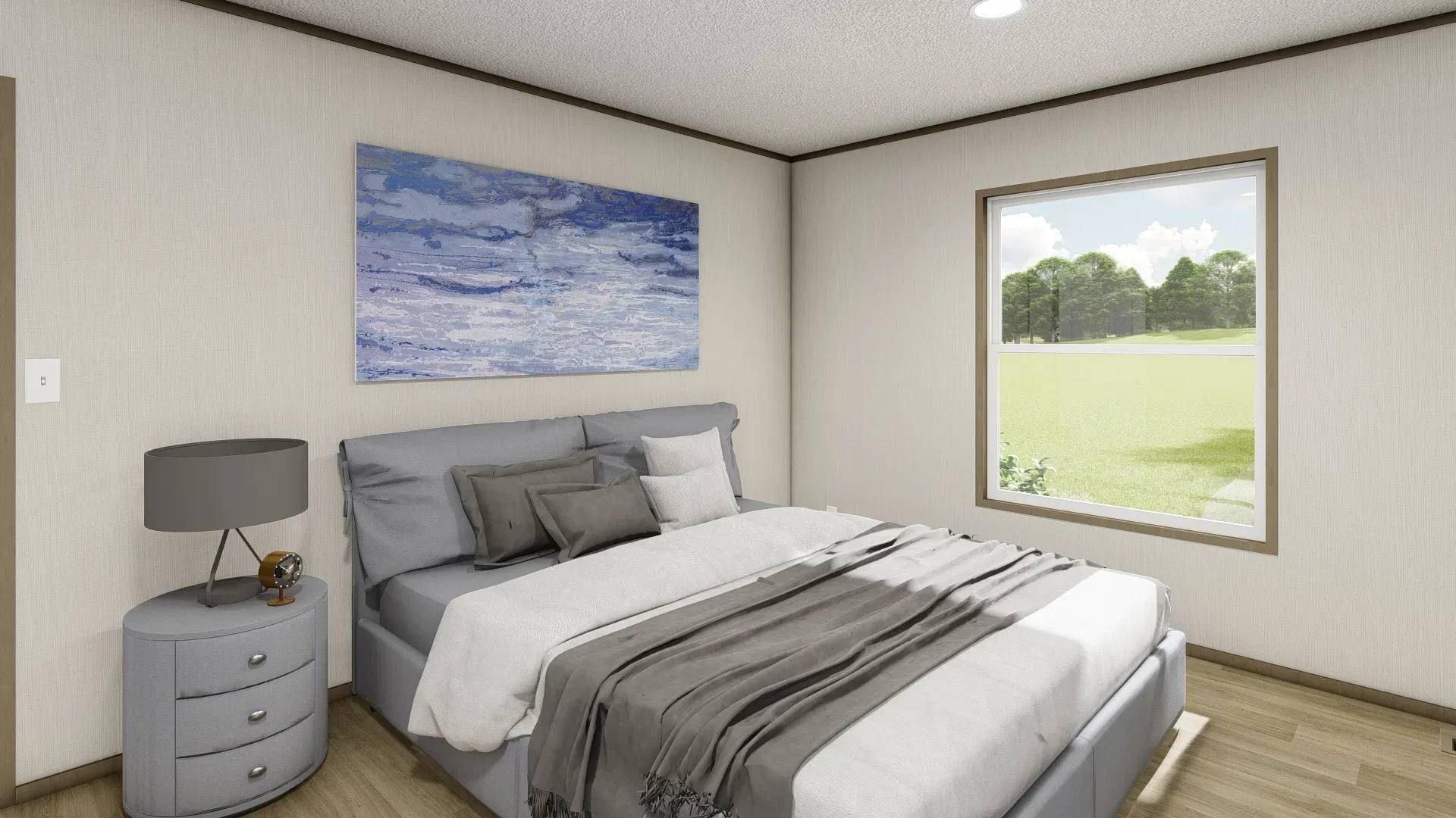 A bedroom with a bed , nightstand , lamp and window.