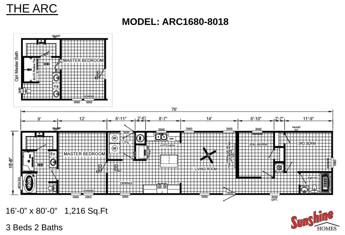 A black and white floor plan of a mobile home called the arc