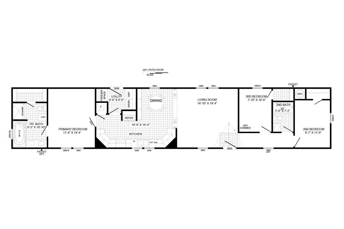 A black and white floor plan of a mobile home.