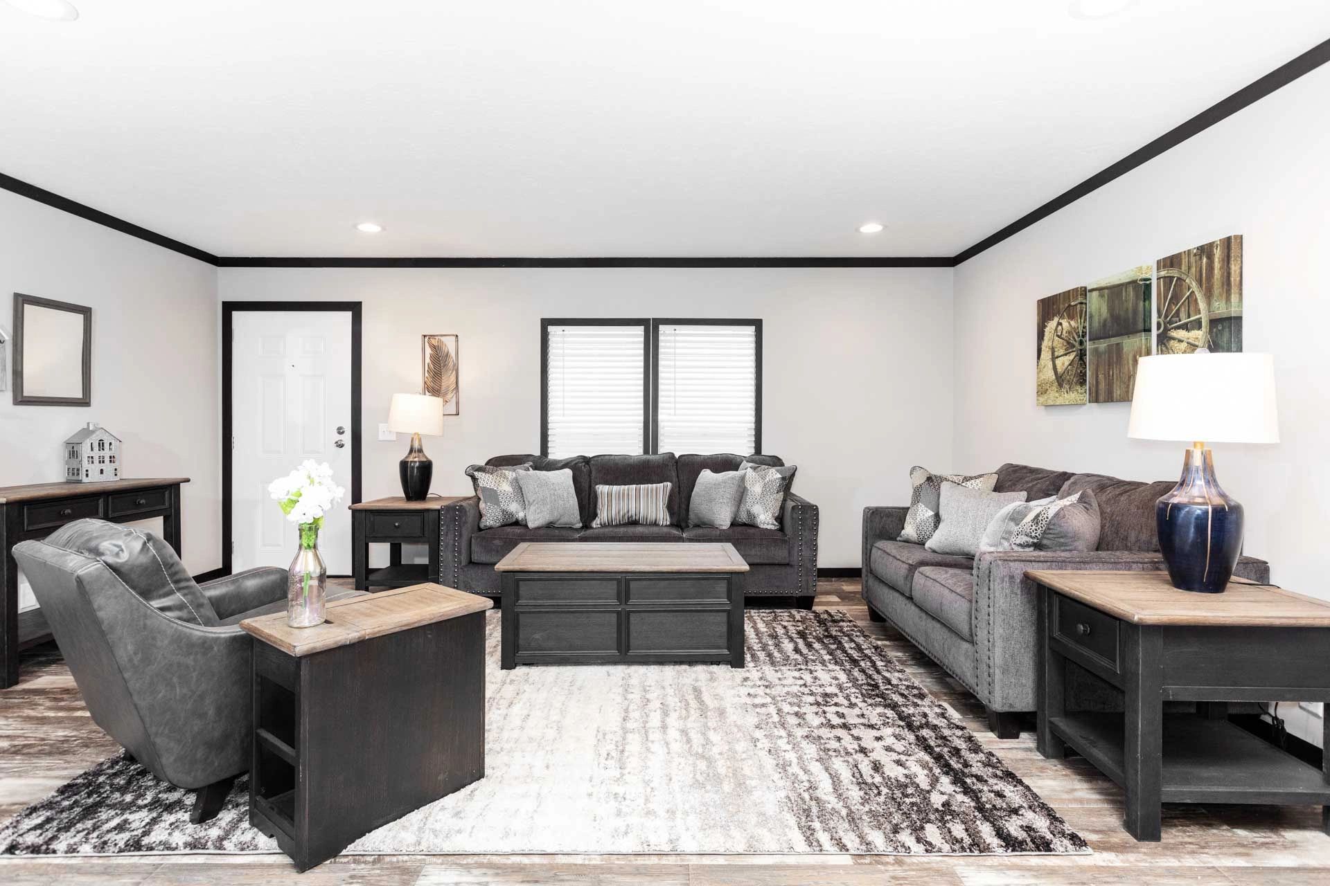 A living room filled with furniture and a rug.
