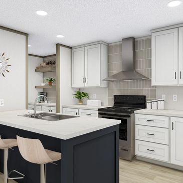 A kitchen with white cabinets , stainless steel appliances , a sink , and a clock on the wall.