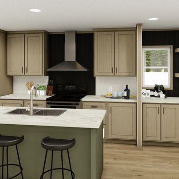 A kitchen with a stove , sink , cabinets and stools.