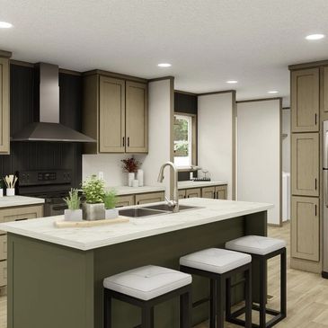 A kitchen with a large island , sink , and stools.