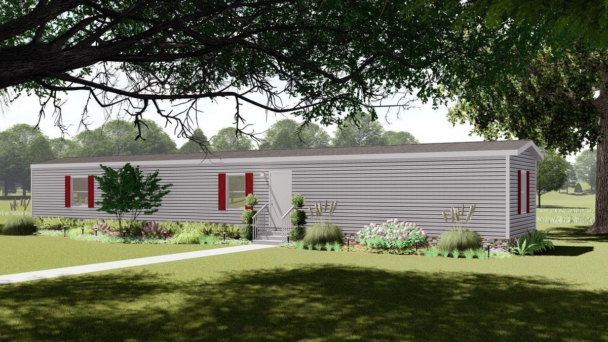 An artist 's impression of a mobile home with red shutters