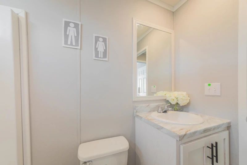 A bathroom with a toilet , sink and mirror.