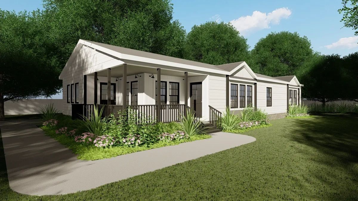 An artist 's impression of a mobile home with a porch.