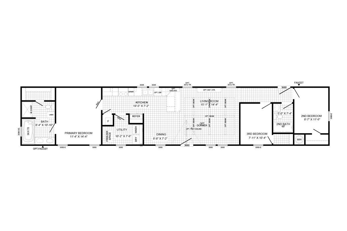 A black and white floor plan of a mobile home.