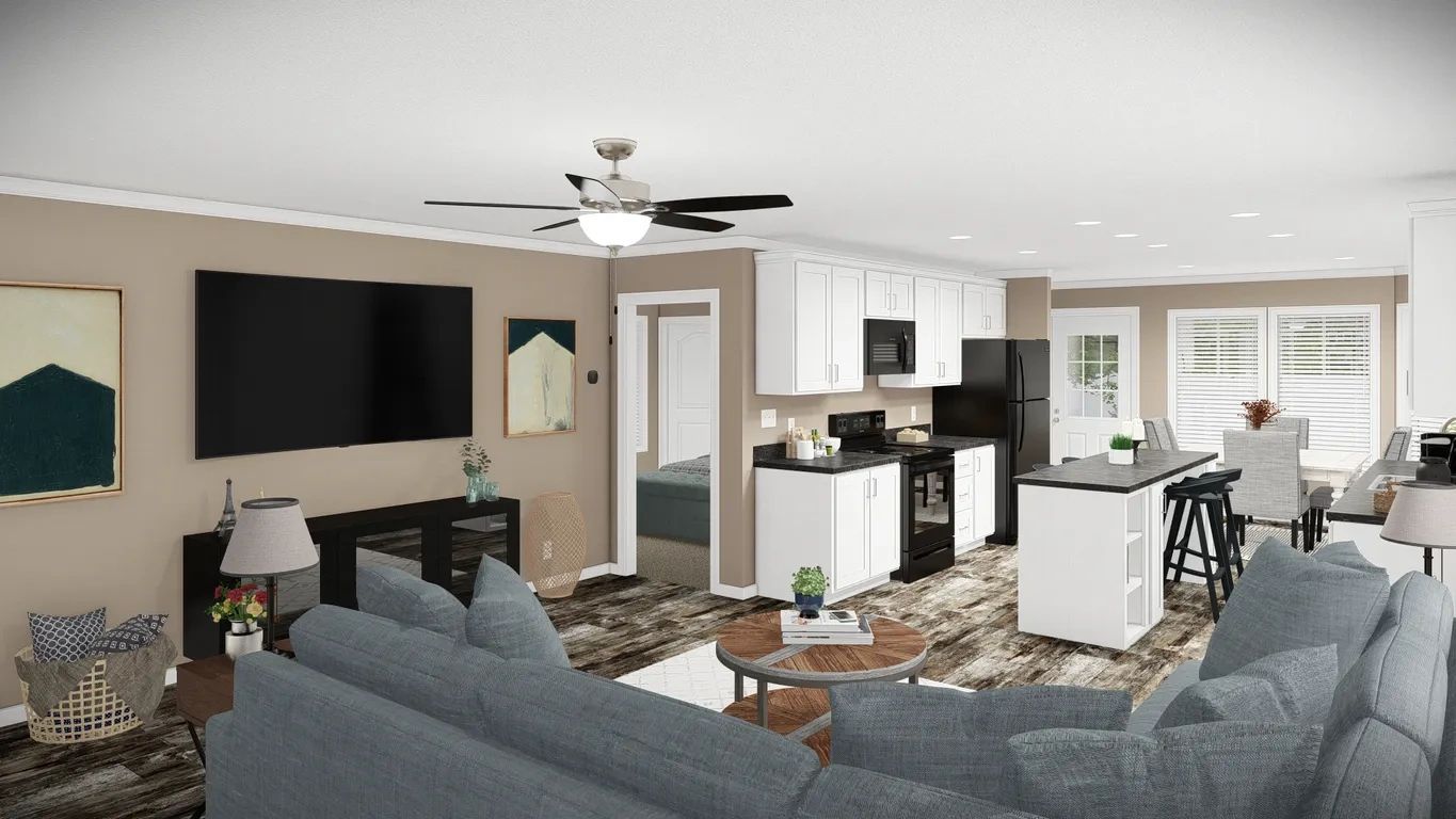 An artist 's impression of a living room and kitchen in a house.