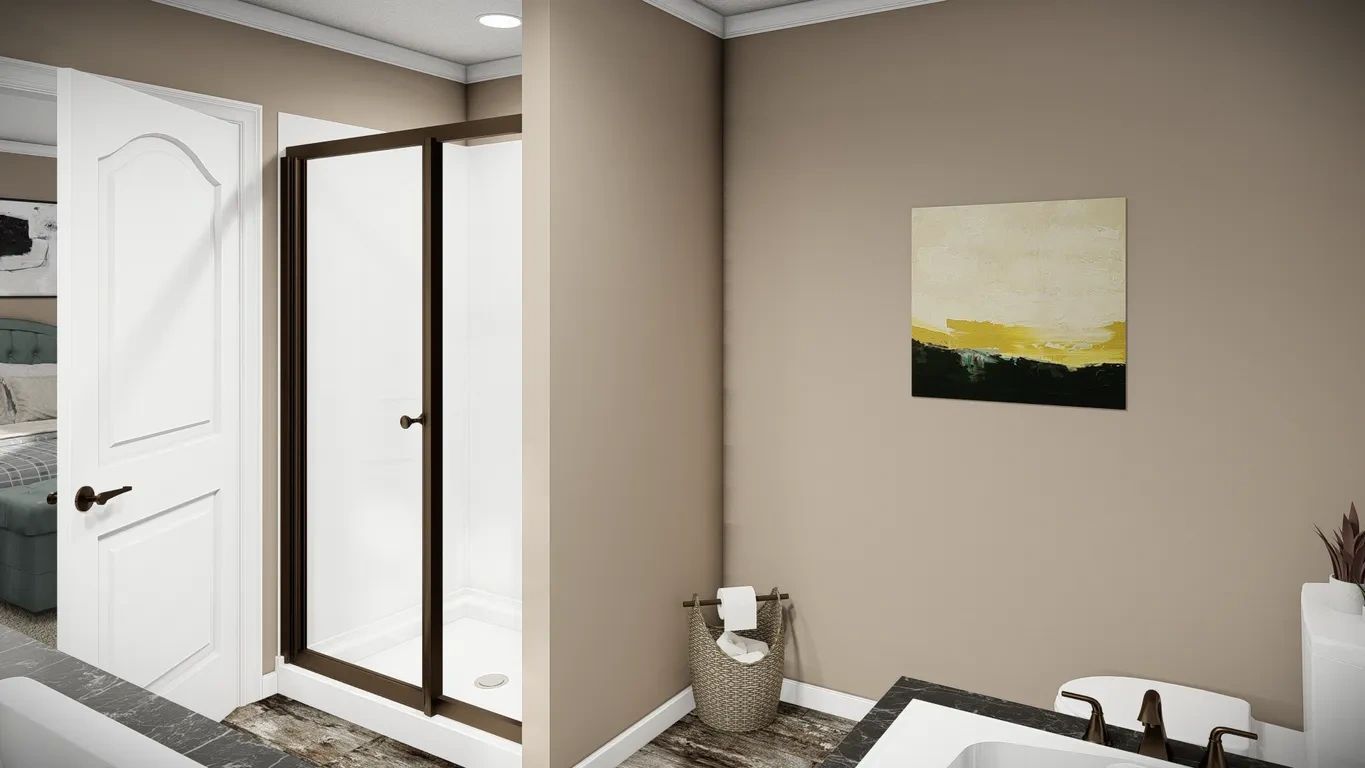 A bathroom with a tub , shower , and painting on the wall.