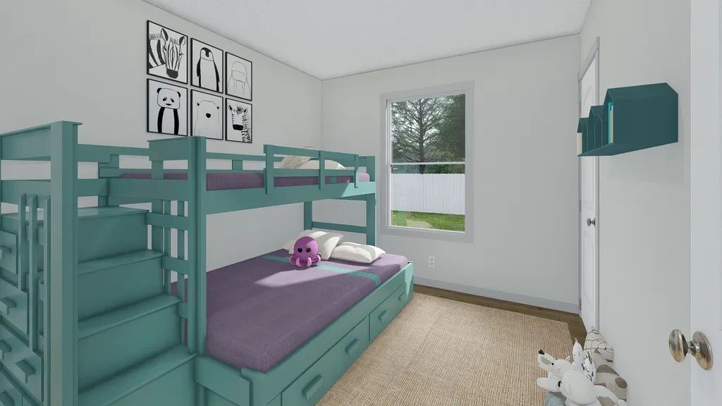 A bedroom with two bunk beds and a window.