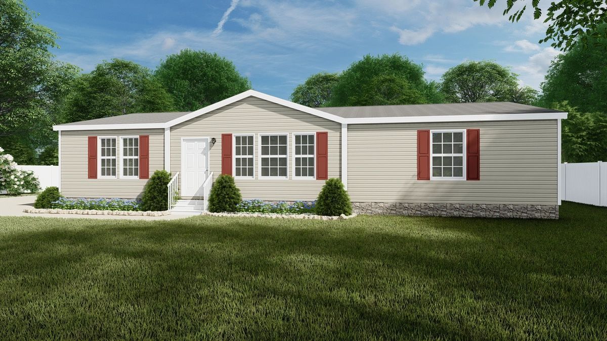 An artist 's impression of a mobile home with red shutters.