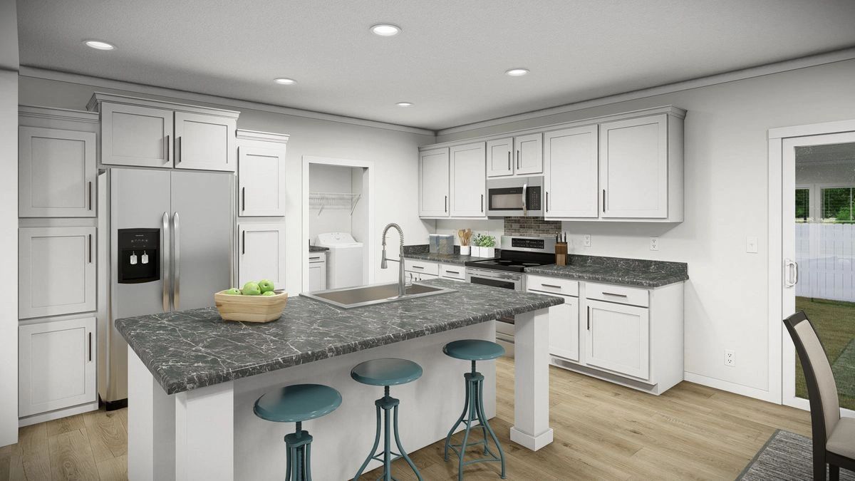 An artist 's impression of a kitchen with white cabinets and granite counter tops.