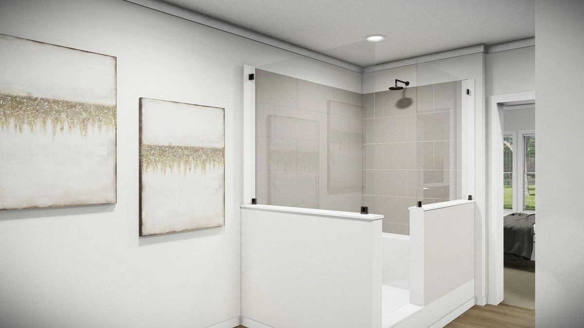 A bathroom with a walk in shower and a bathtub.