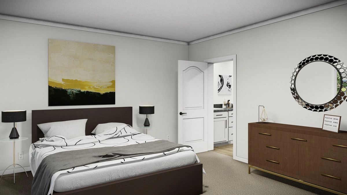 A bedroom with a bed , dresser , mirror and painting on the wall.