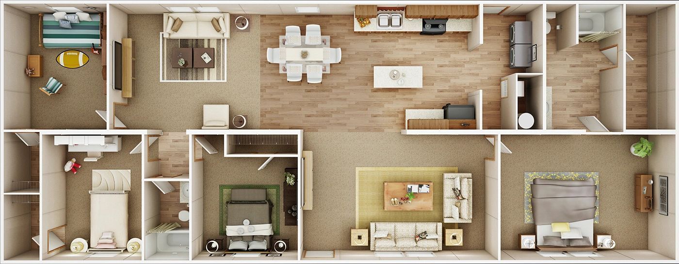 A 3d floor plan of a house with a lot of furniture.