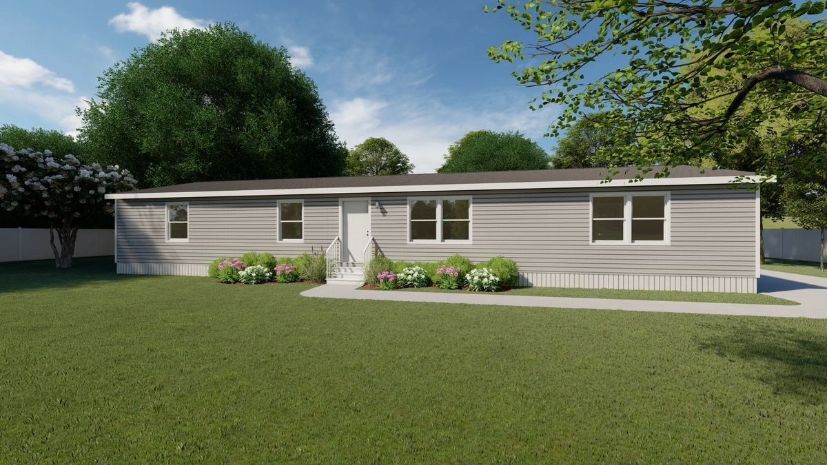 An artist 's impression of a mobile home with a large lawn in front of it.