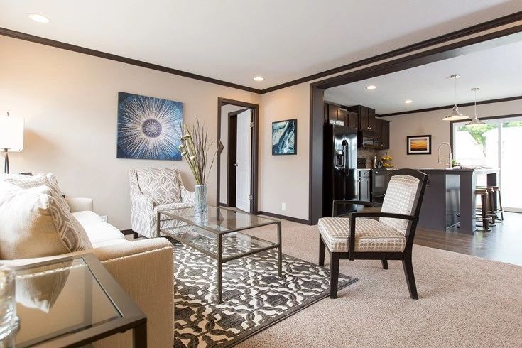 A living room with a couch , chair , coffee table and rug.