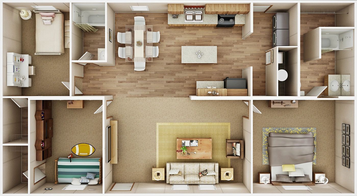 A 3d floor plan of a house with a living room , dining room , and kitchen.