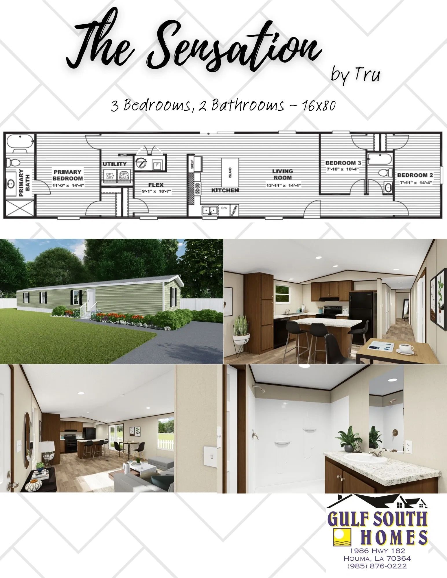 A floor plan of a mobile home with pictures of the interior.