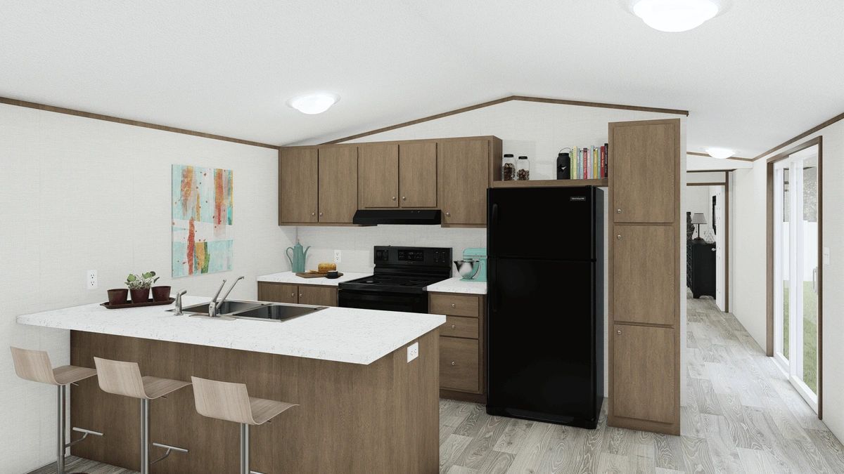 An artist 's impression of a kitchen in a mobile home.