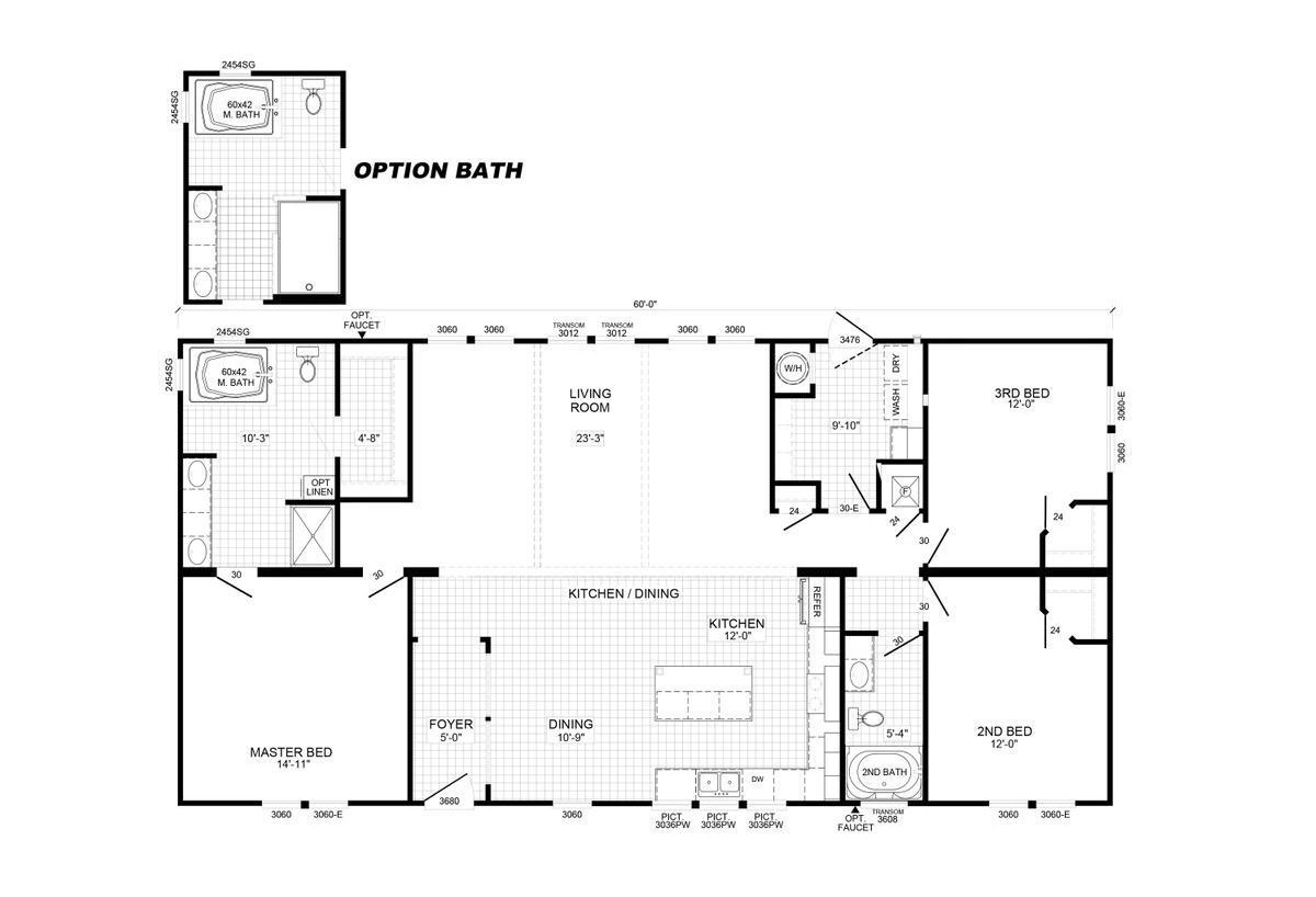 A black and white floor plan of a house with an option bath.