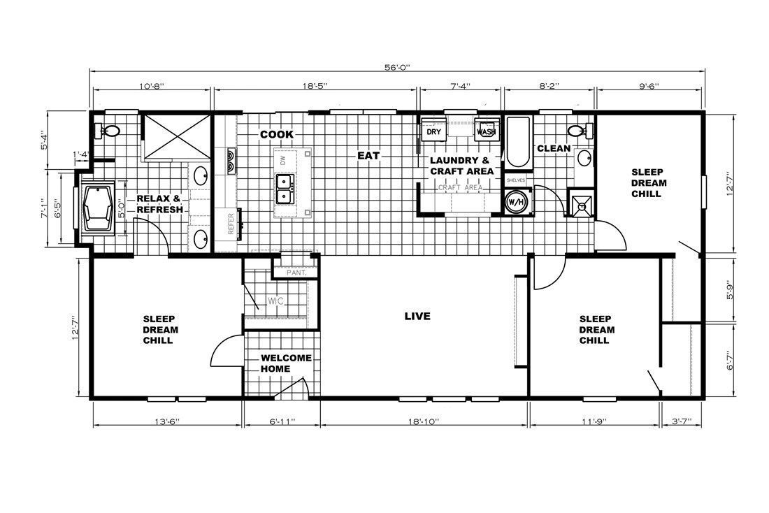 A black and white floor plan of a mobile home.