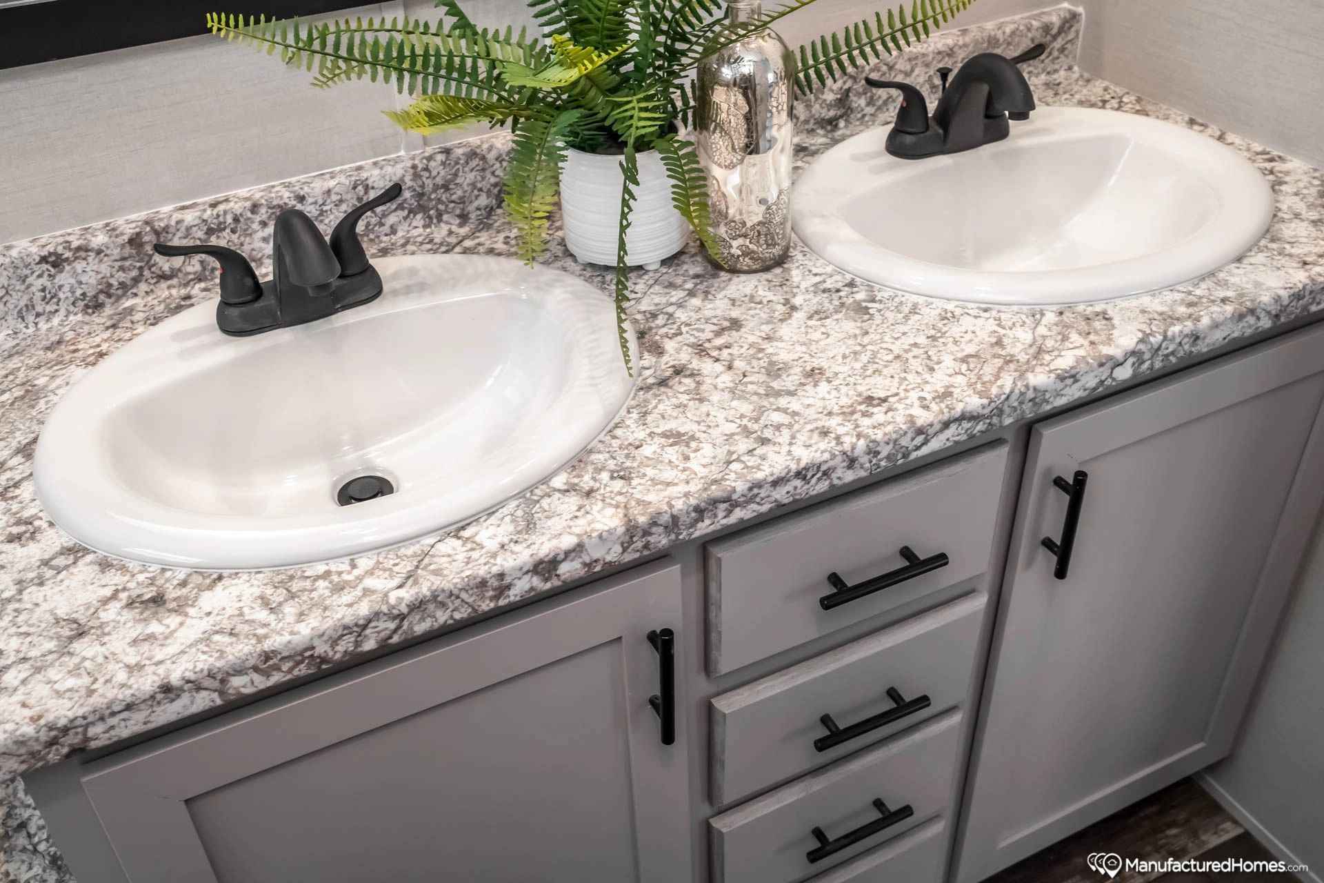 A bathroom with two sinks and a plant on the counter.