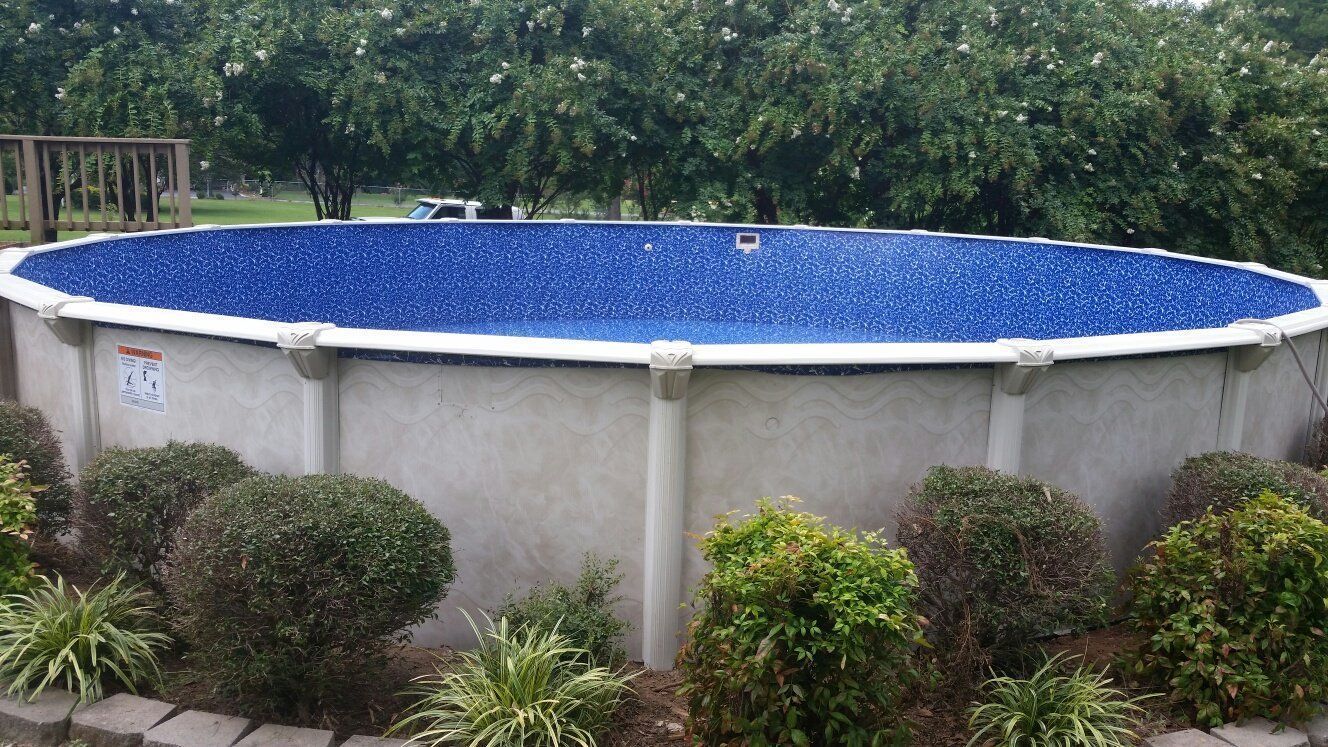 A large swimming pool is surrounded by bushes and trees