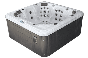 A square hot tub with a lot of jets on it