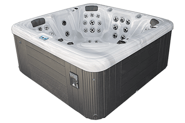 A square hot tub with a lot of jets on it