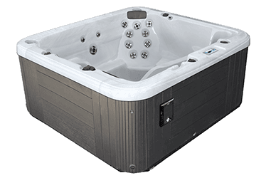 A square hot tub with a gray base and white top