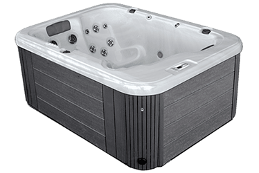 A white and gray hot tub is sitting on a white surface.