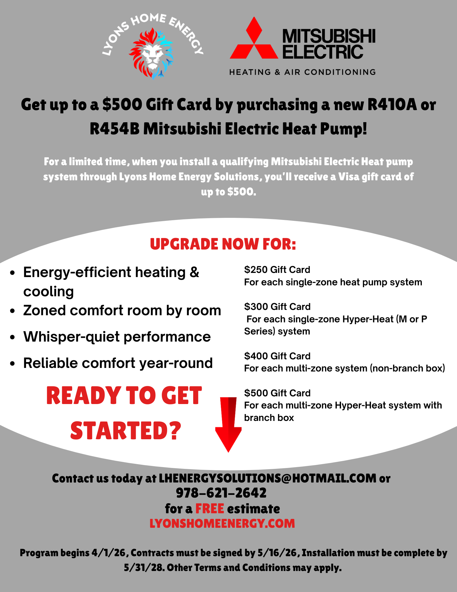 A promotional flyer for Lyons Home Energy offering up to a $500 gift card with a new Mitsubishi Electric heat pump install.