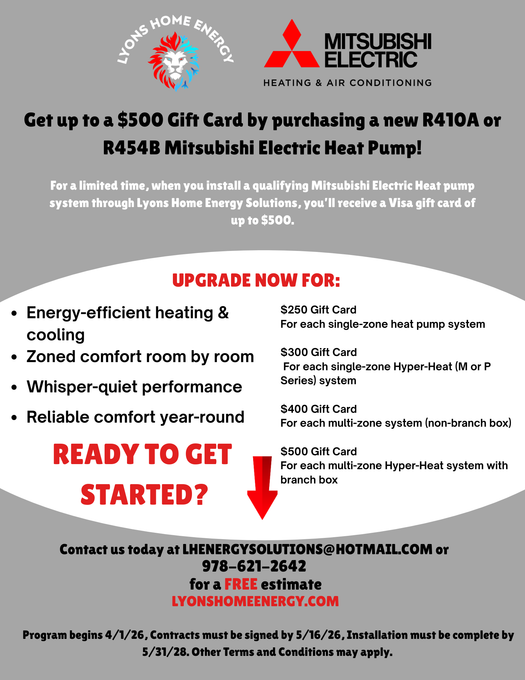 A promotional flyer for Lyons Home Energy offering up to a $500 gift card with a new Mitsubishi Electric heat pump install.