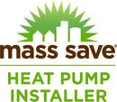 Mass Save heat pump installer logo with a green cityscape silhouette and text.