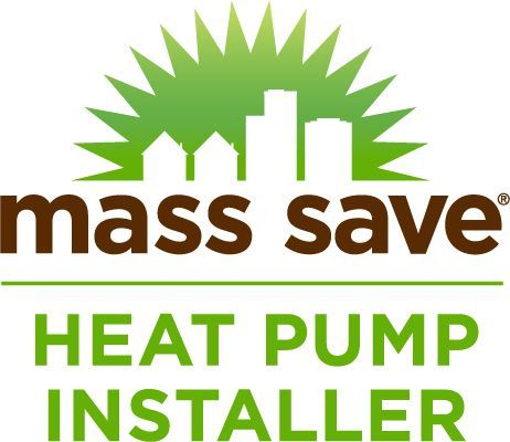 Mass Save heat pump installer logo with a green cityscape silhouette and text.