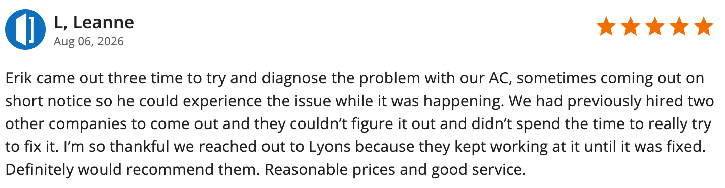 Review icon and five-star review praising fast, helpful AC support and issue resolution