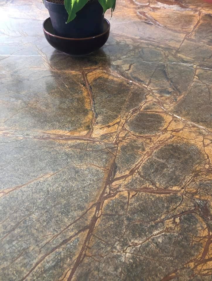 Stone-tiled floor with a potted plant at the top left corner