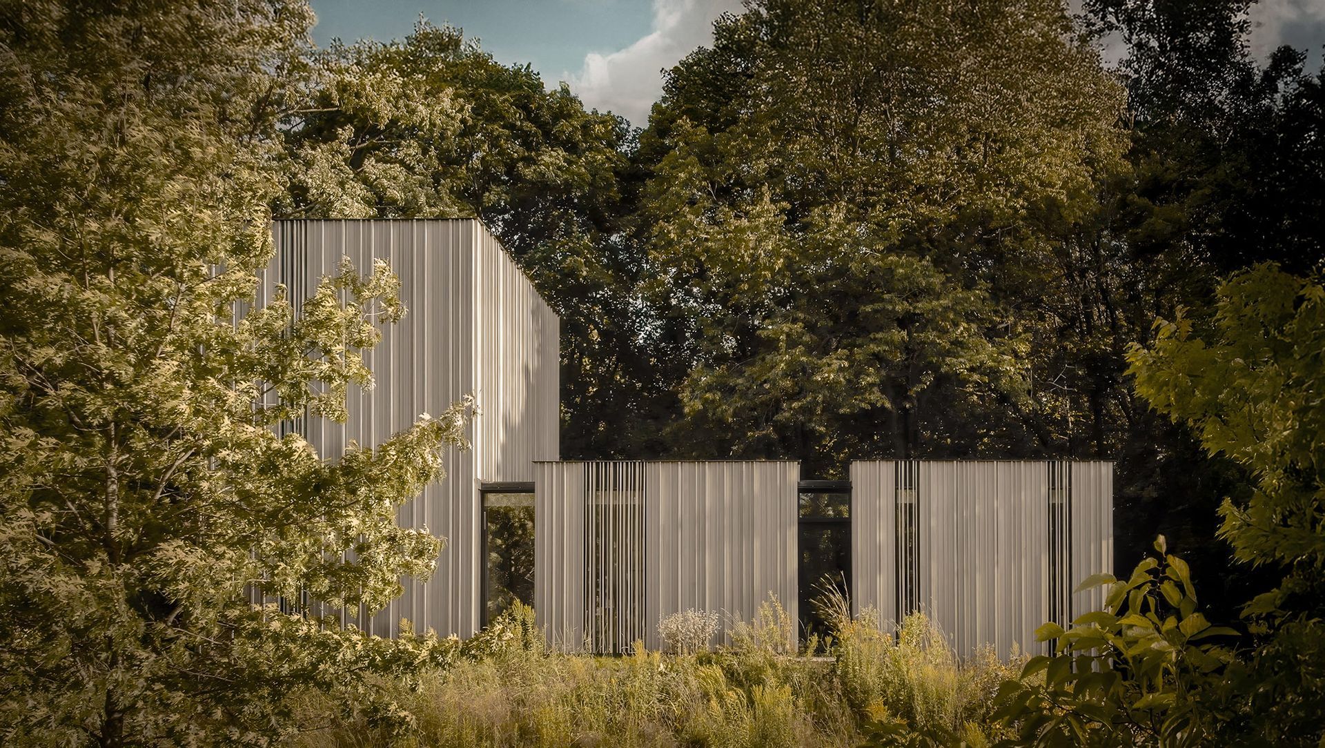 a house is surrounded by trees and bushes in the middle of a forest
