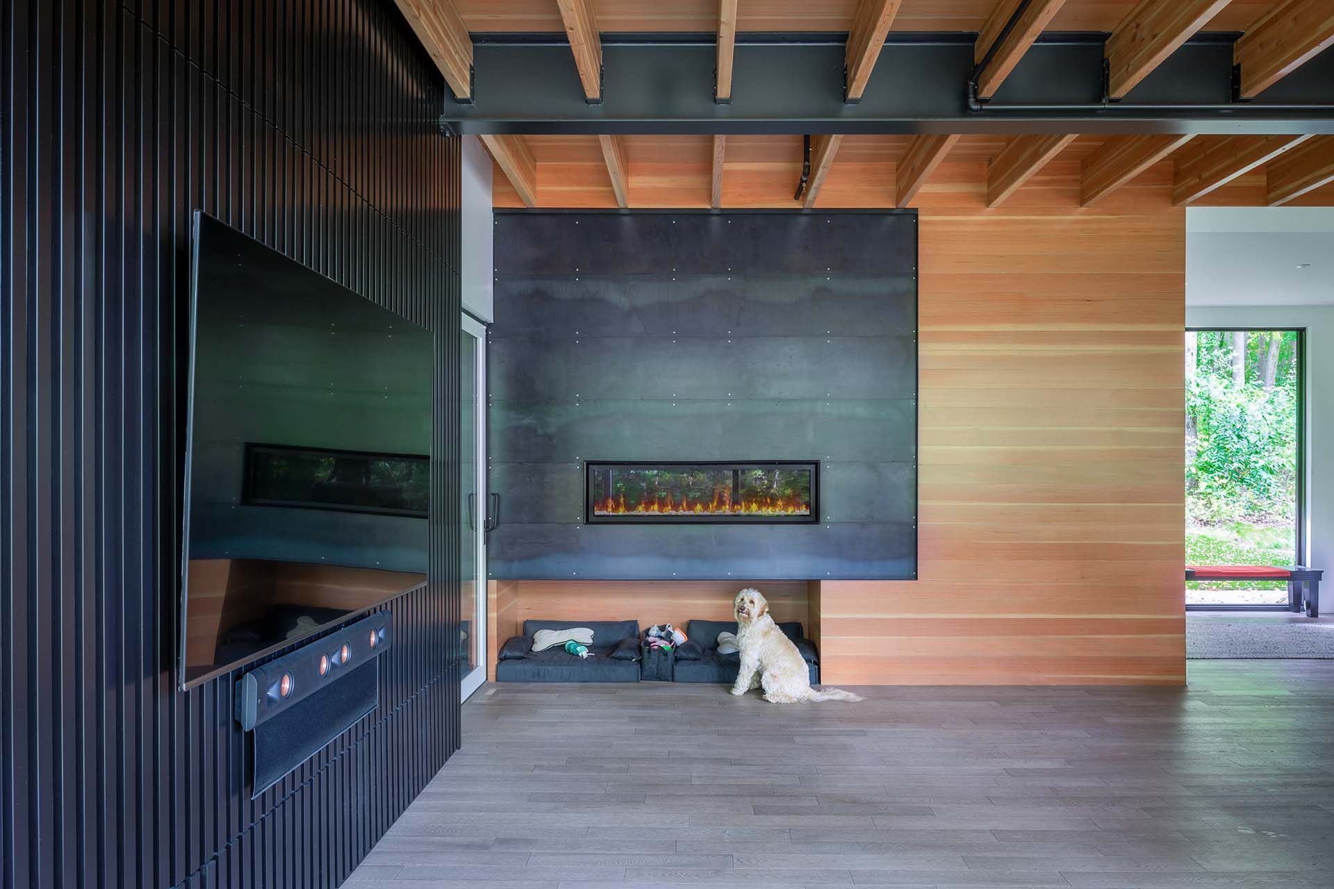 A dog is sitting in a living room next to a fireplace.