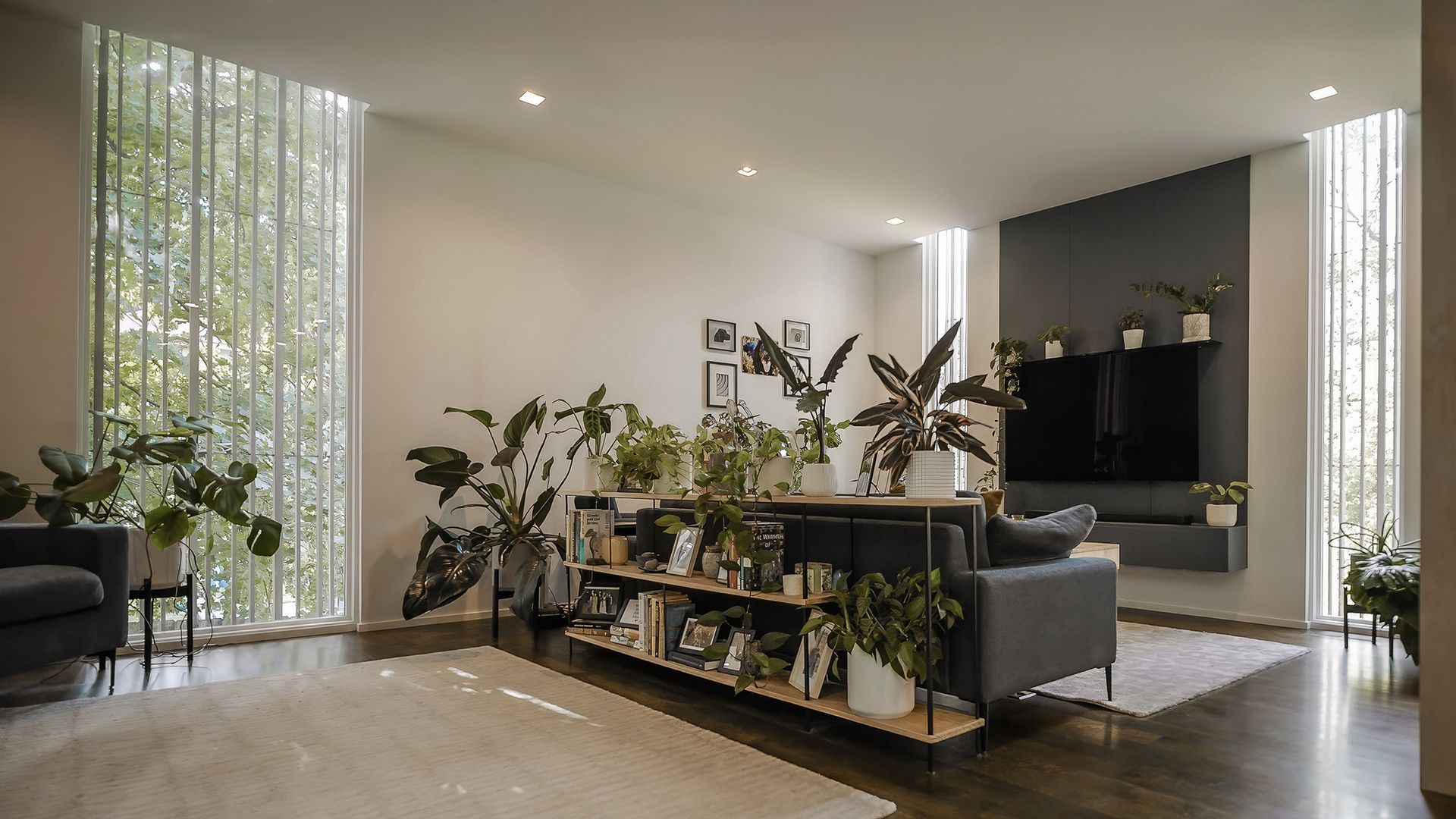 a living room filled with furniture, plants, and a flat screen TV