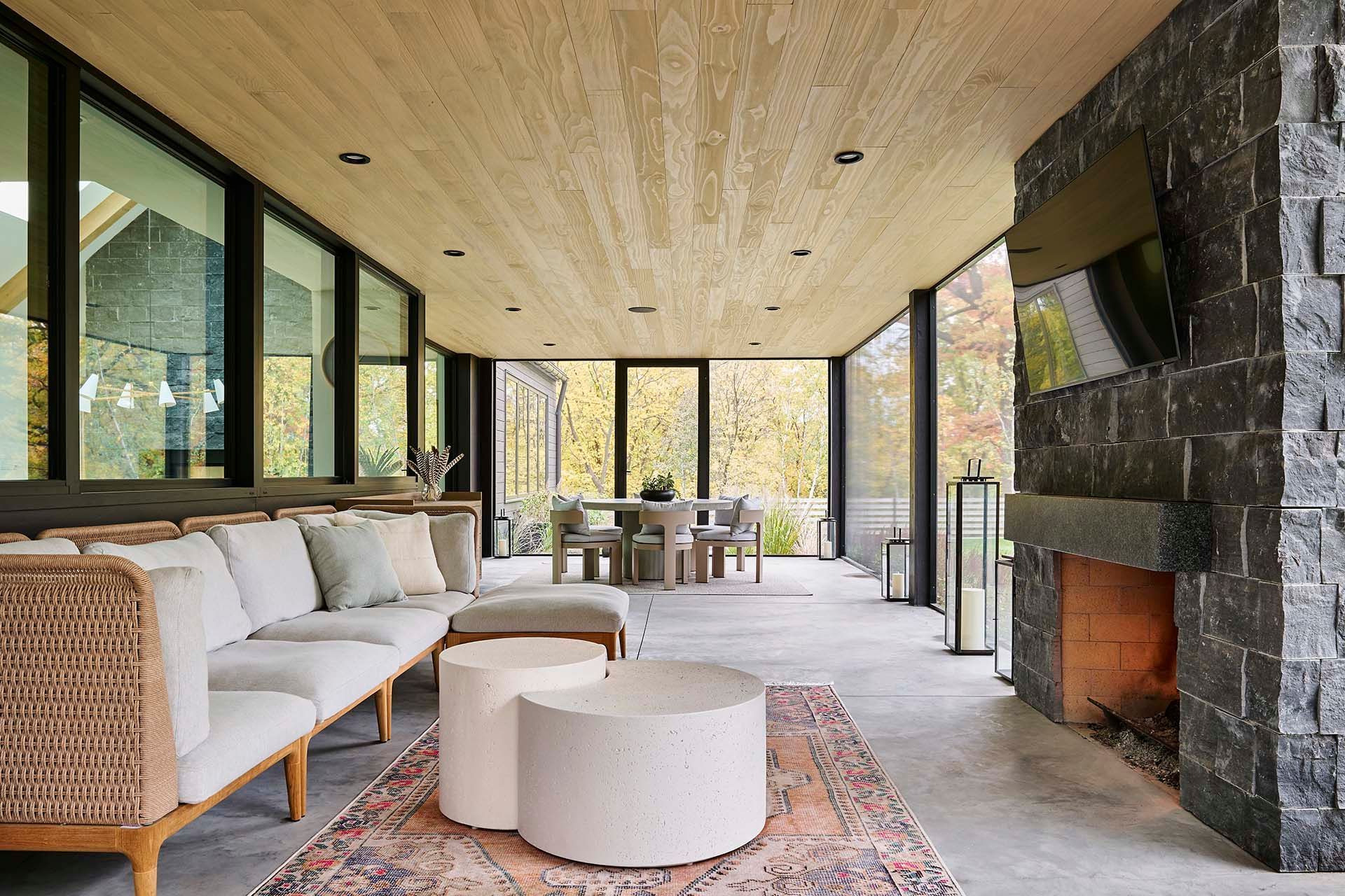 There is a fireplace in the middle of the room.