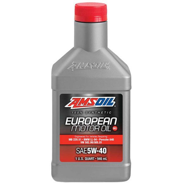 A bottle of amsoil european motor oil with a red cap