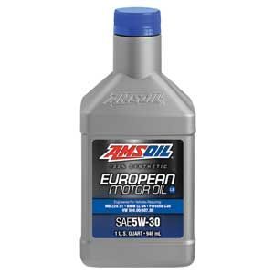A bottle of amsoil european motor oil is on a white background.